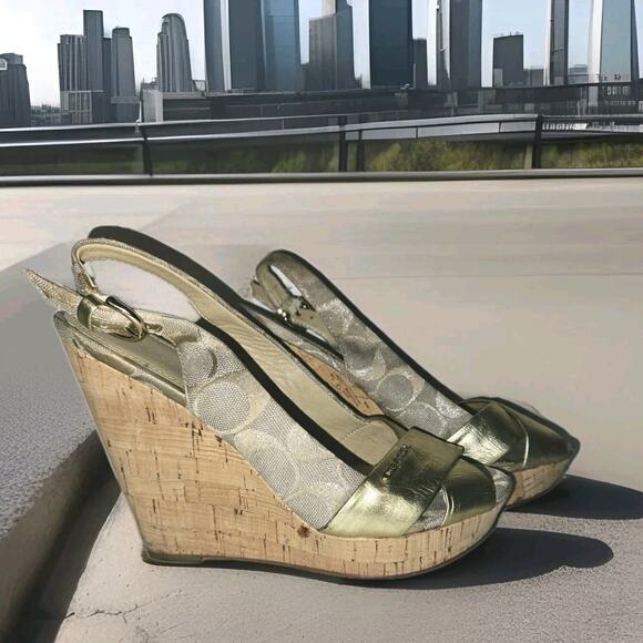 Coach Shoes - Coach Jessy Size 7.5 Gold Leather Iridescent Canvas Strappy Wedge Sandals